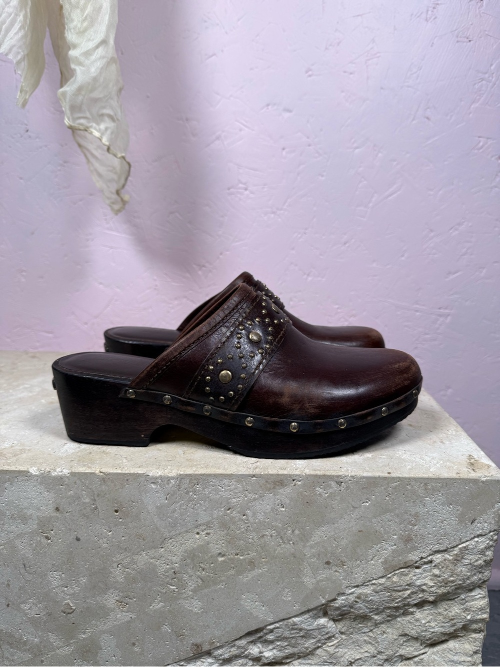 Michael Kors Brown Leather Studded Wooden Clogs Women’s Size 9